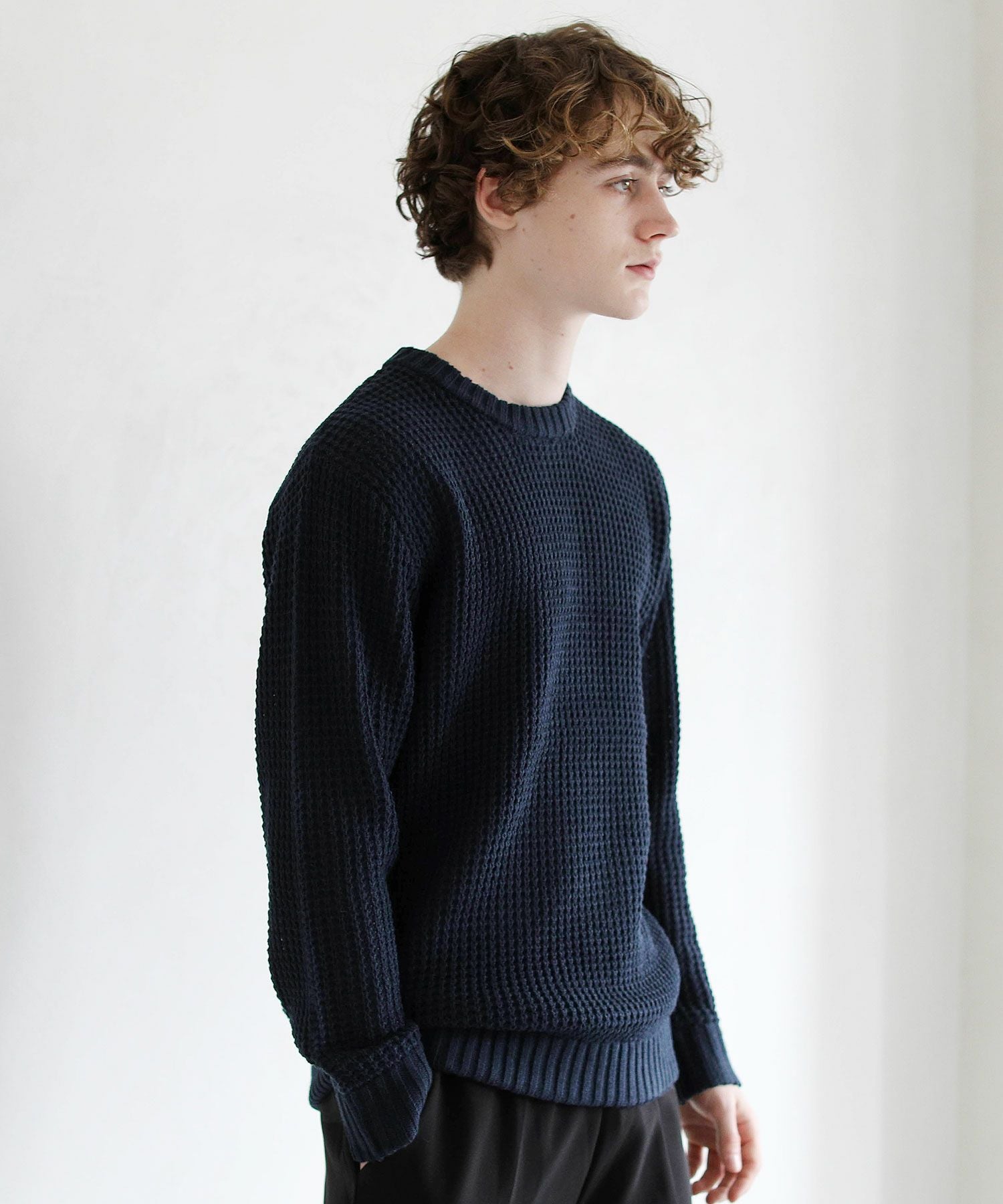 DG 黒 カシミヤ ワッフル編み クルーネック リブニット セーター JIGGYS SHOP（ジギーズショップ） セーター ニット ビッグワッフル編み
