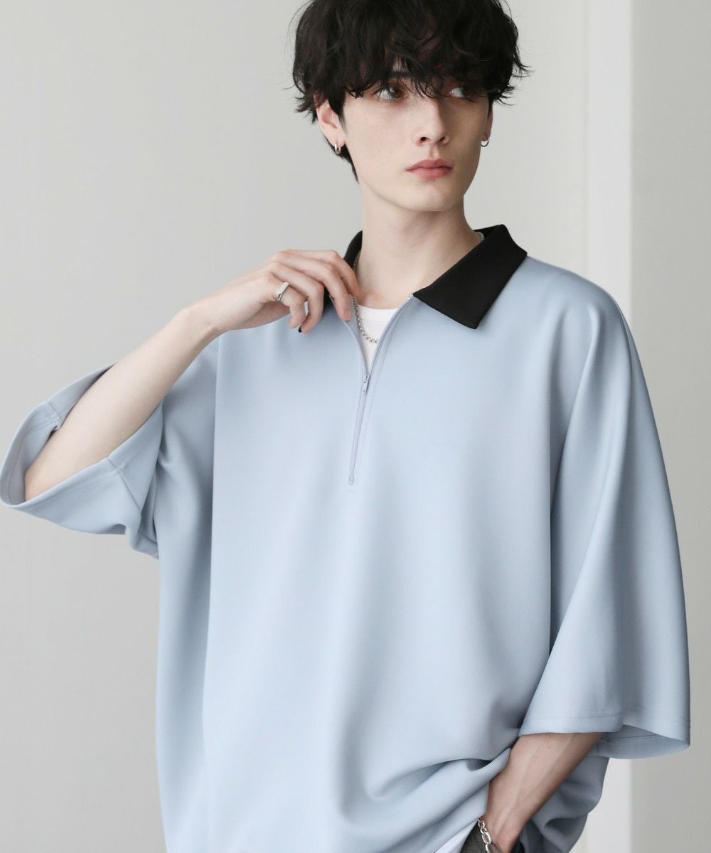 CLUBHAUS × TANGRAM 半袖ハーフジップ プルオーバー L ルーズシルエットコットンポンチドレープトラックハーフジップ半袖プル