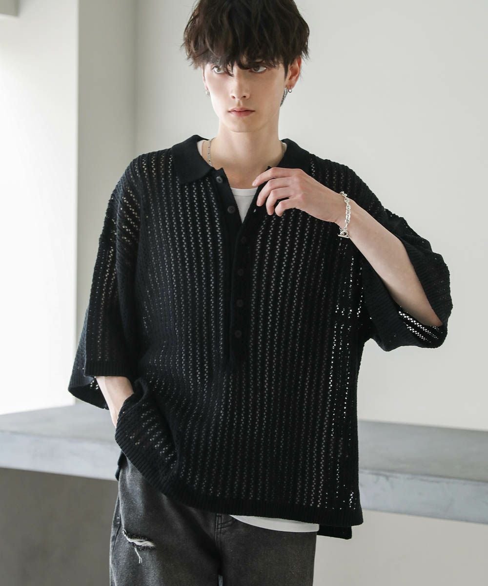 オーバーニットシャツ CLANE - ハーフスリーブオーバーニットシャツ - HALF SLEEVE OVER KNIT