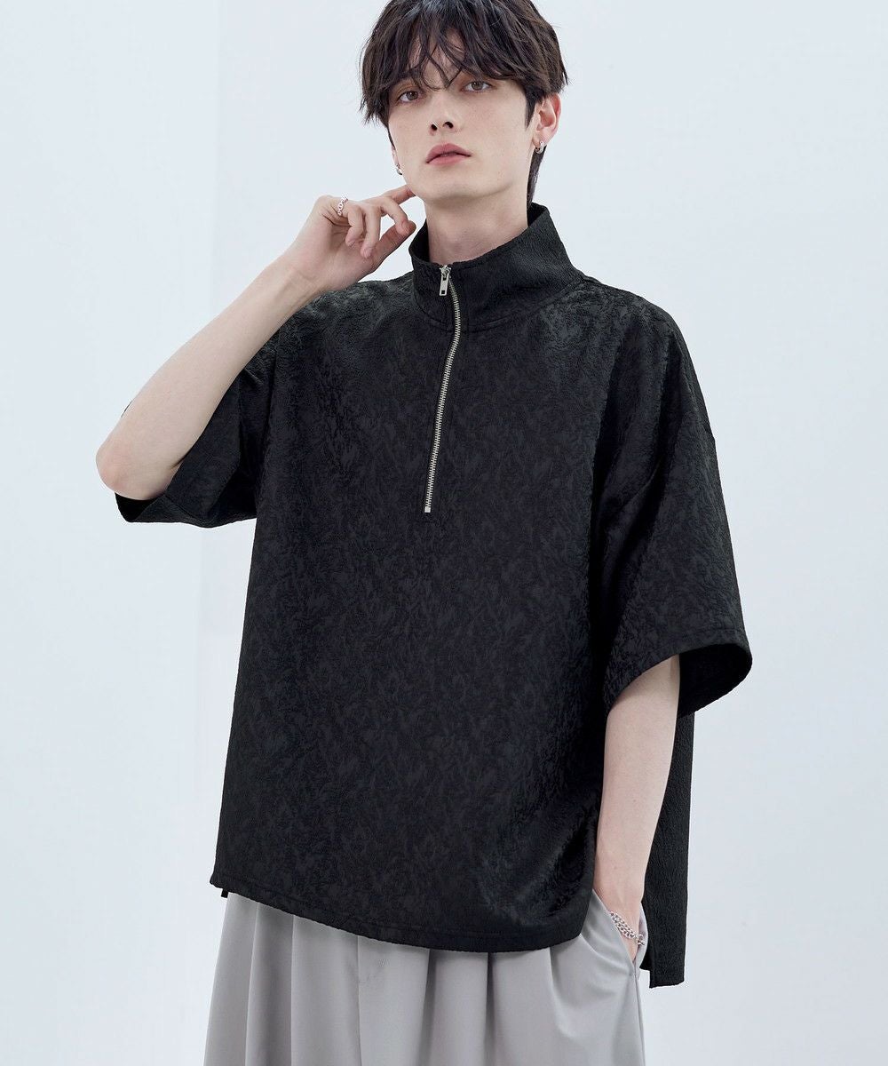 ビッグシルエットハーフジップTシャツ 総柄ジャガード/綿100天竺