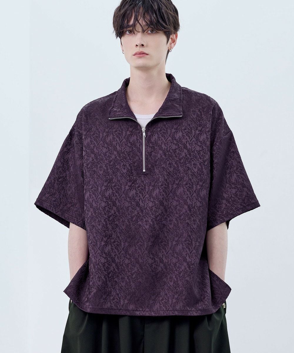 ビッグシルエットハーフジップTシャツ 総柄ジャガード/綿100天竺