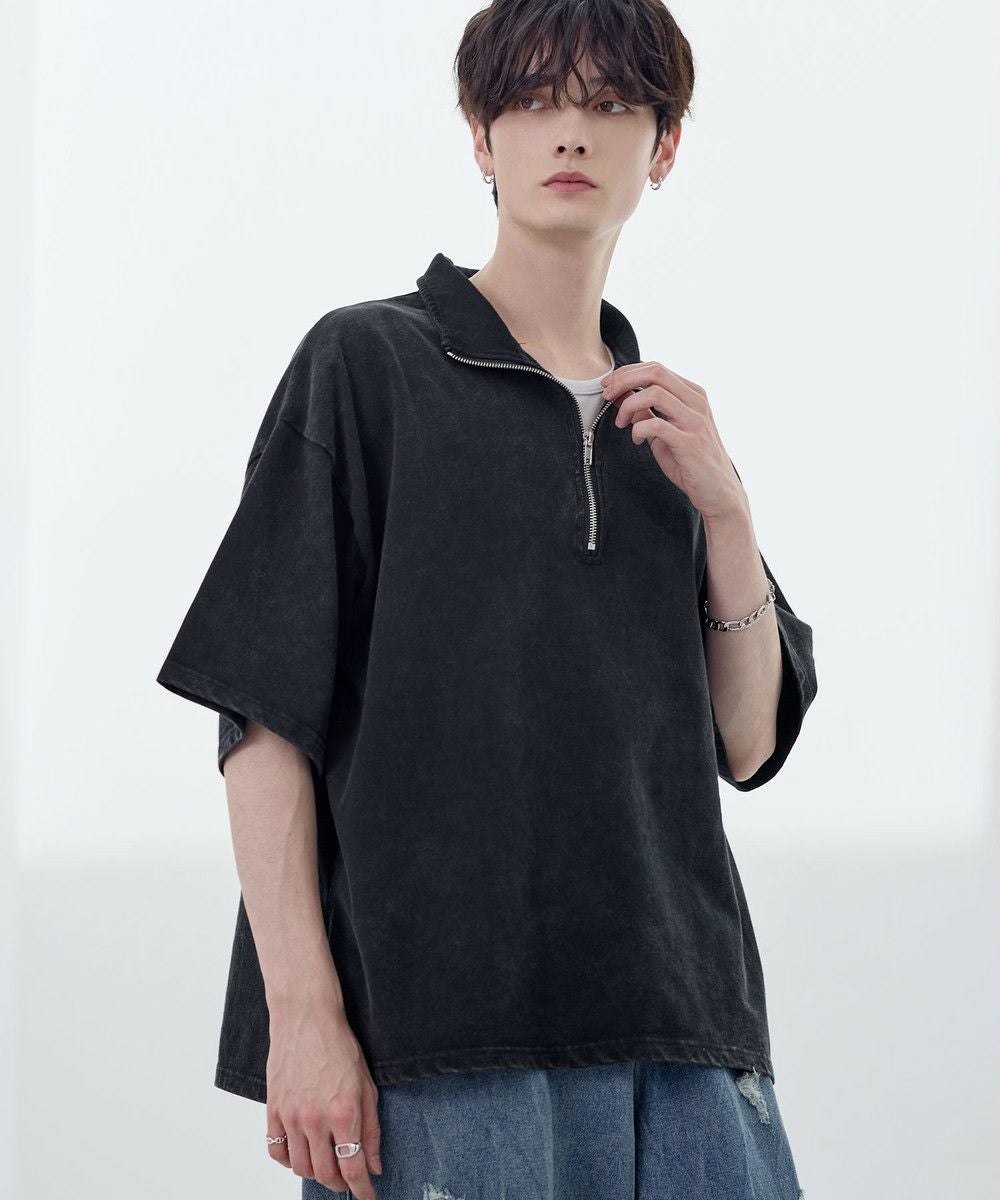 ビッグシルエットハーフジップTシャツ 総柄ジャガード/綿100天竺