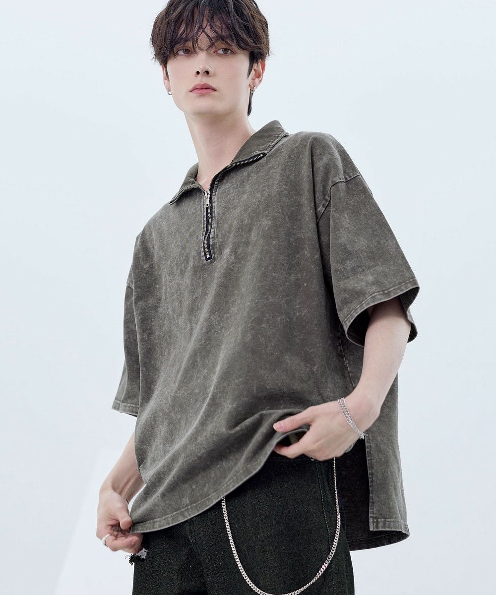 ビッグシルエットハーフジップTシャツ 総柄ジャガード/綿100天竺