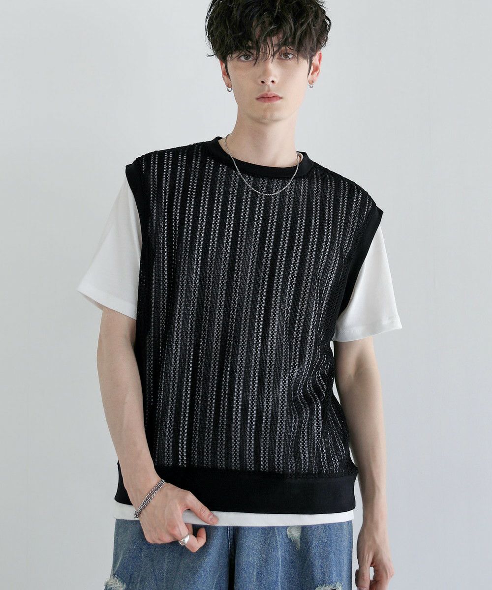 ワイズフォーリビング　カーディガン　ニットベスト　アンサンブル　セット 2点セット】Tシャツ＆透かし編みニットベストアンサンブルセット