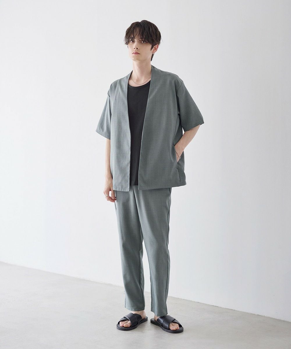 ICB ノーカラー セットアップ リネン混 ブラック M セットアップ 2点セット】接触冷感テックリネンノーカラー半袖カーデor