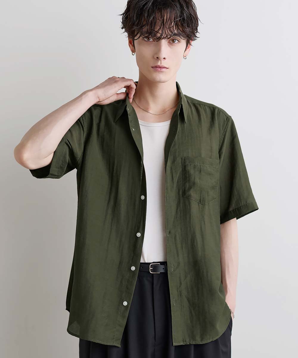 ARCHIVIO 半袖シャツ 46 黒/と カーキ Buyer's Select /【接触冷感】リネン混半袖レギュラーカラーシャツ