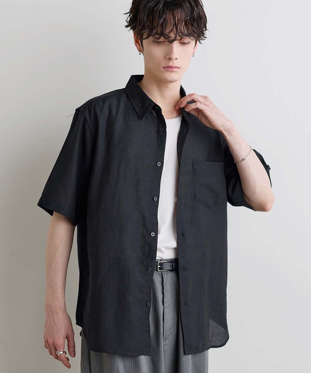 【WIRROW】 リネンコットン半袖カットソー　黒 Buyer's Select /【接触冷感】リネン混半袖レギュラーカラーシャツ