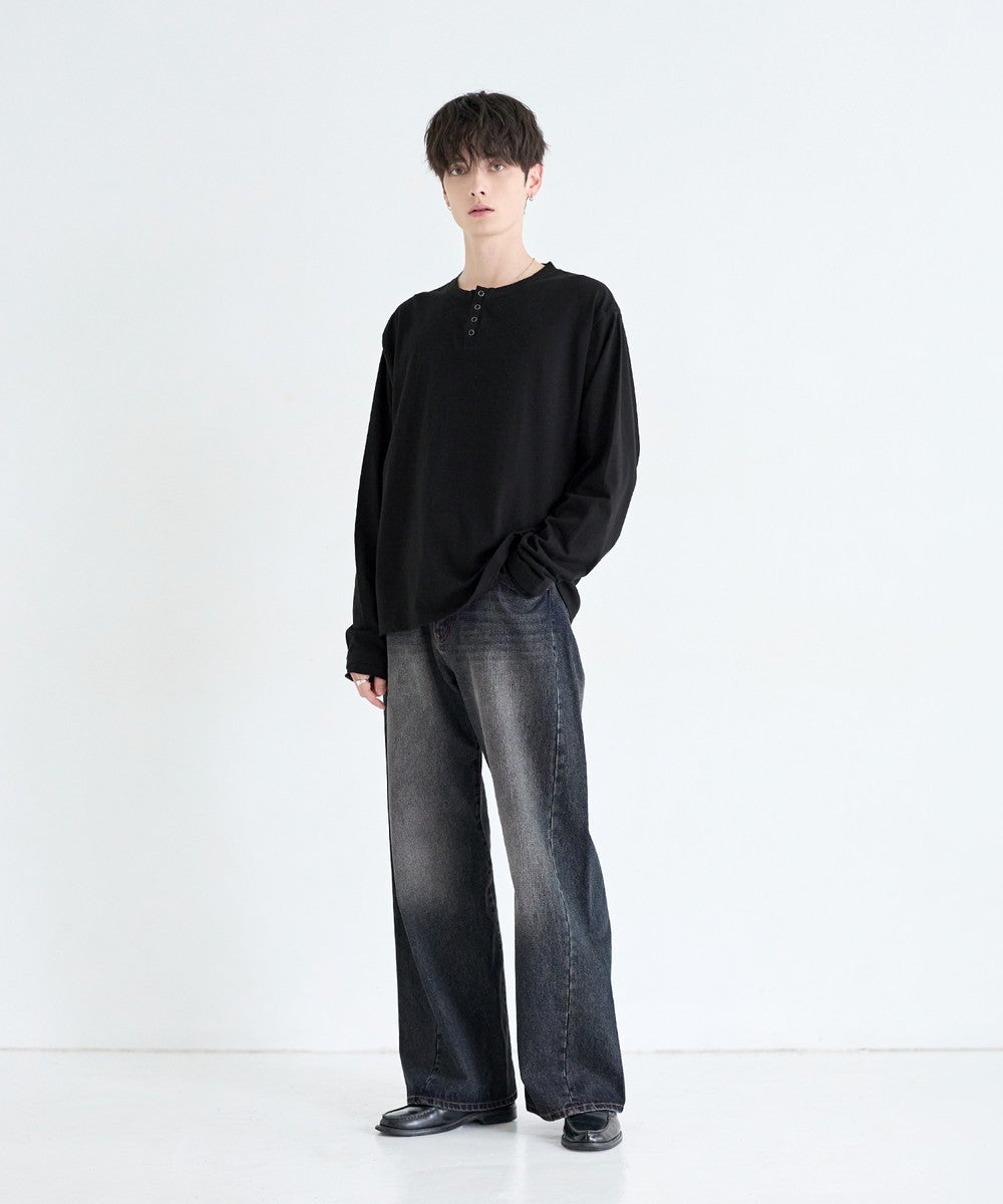 ヘンリーネックロングスリーブTシャツ カットソー ヴィンテージ加工